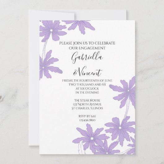 白の背景に紫のデイジー 結婚式前祝いパーティー 招待状 (正面)