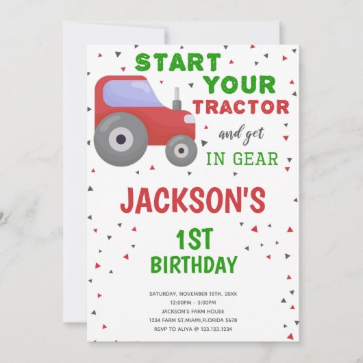 白の背景トラクター誕生日招待状 招待状 (正面)