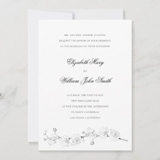 白の蘭フォーマル伝統的結婚の 招待状 (正面)