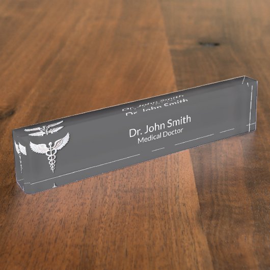白の詳細クリーンなカドゥセウス温灰色メディカル デスクネームプレート (側面)