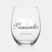 白の誕生日番号 |黒い名前の日付 ステムなしワイングラス (正面)