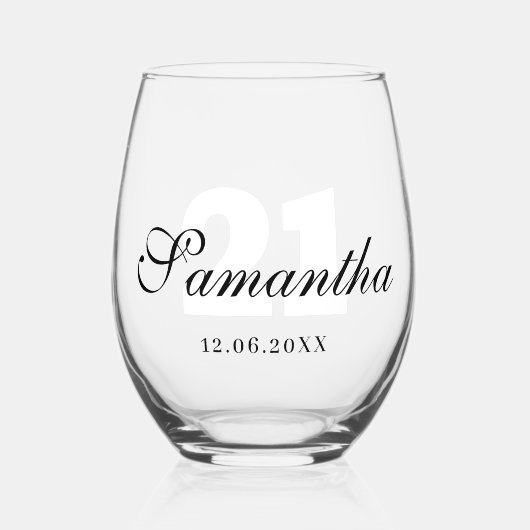 白の誕生日番号 |黒い名前の日付 ステムなしワイングラス (正面)