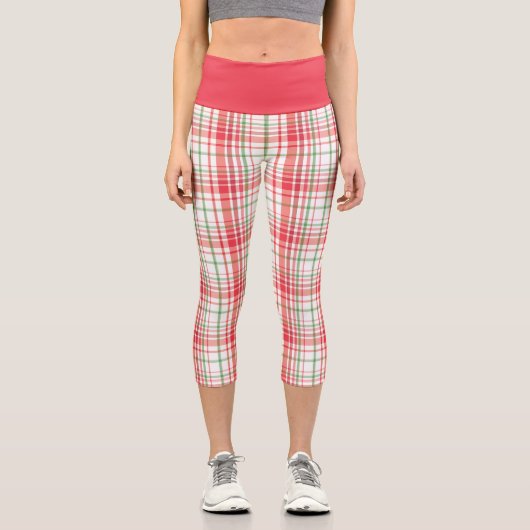 白の赤い緑の格子模様 カプリレギンス (正面)