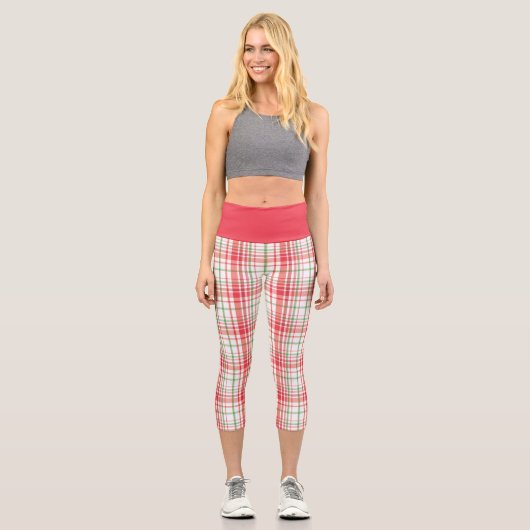 白の赤い緑の格子模様 カプリレギンス (正面)