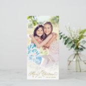 白の重エレガントねて金ゴールドスクリプトのクリスマスフォト シーズンカード (スタンド正面)