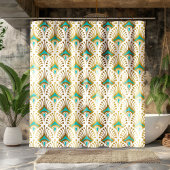 白の金ゴールドと青のアールデコパターン シャワーカーテン