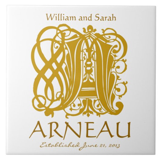 白の金ゴールドモノグラム – 名前結婚の日付タイル タイル (正面)