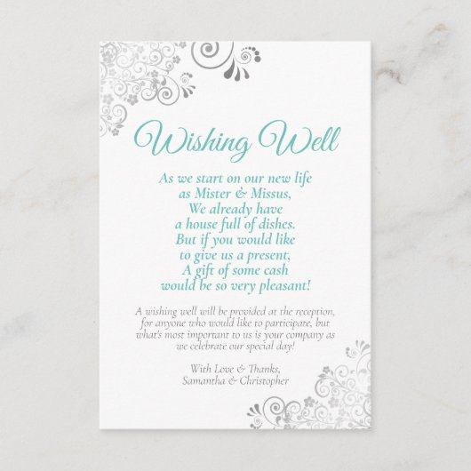 白の願い井戸結婚の詩のアクア&シルバー エンクロージャーカード (正面)
