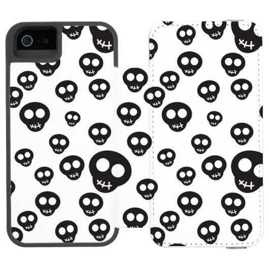 白の黒いスカルを搭載するパターン INCIPIO iPhoneウォレットケース (フォリオ Open)