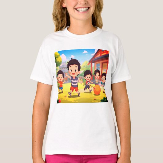 白のSSの庭で遊ぶ子供たち Tシャツ (正面)