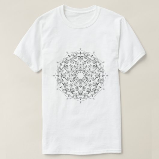 白のTシャツの黒い幾何学模様の曼荼羅デザイン Tシャツ (デザイン正面)