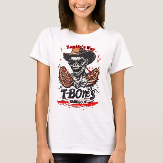 白のTボーンステーキを食べるゾンビ Tシャツ (正面)