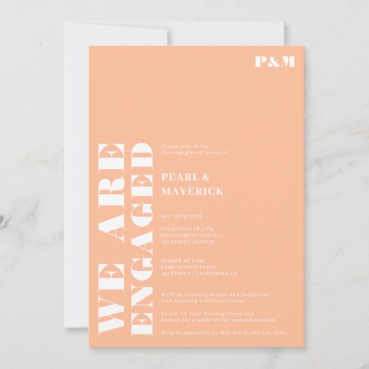 白はっきりしたシンプル桃結婚婚約パーティ 招待状 (正面)