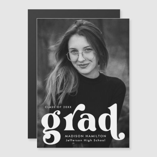 白はっきりしたタイポグラフィ写真卒業 マグネット招待状 (正面/裏面)