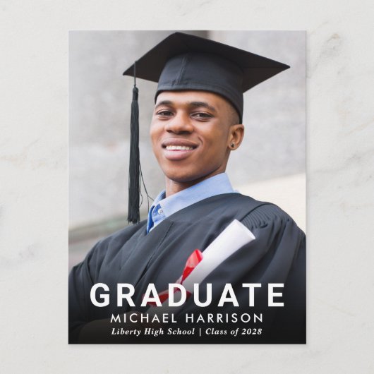 白はっきりしたタイポグラフィ写真卒業 案内ポストカード (正面)