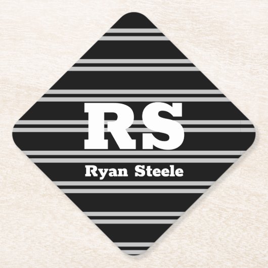 白はっきりしたモノグラムと名前、黒の灰色の線 ペーパーコースター (正面)