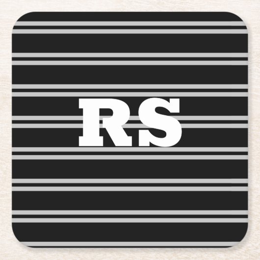 白はっきりしたモノグラム、黒の灰色の線 スクエアペーパーコースター (正面)
