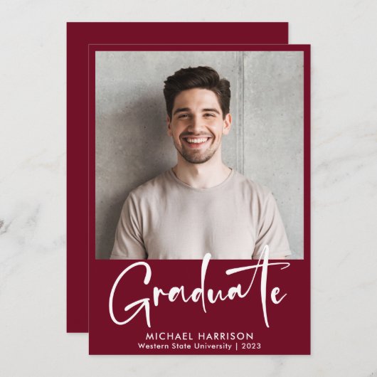 白はっきりした文字フォトブルゴーニュ卒業 案内状 (正面/裏面)