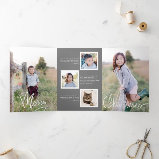 白はっきりした書スクリプト休日フォトカード 三つ折り招待状 (内部)