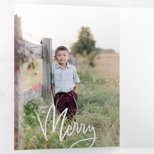 白はっきりした書スクリプト休日フォトカード 三つ折り招待状 (内部最初)