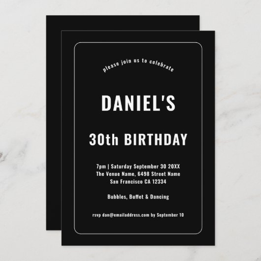 白はっきりした縁どタイポグラフィ黒30歳の誕生日 招待状 (正面/裏面)