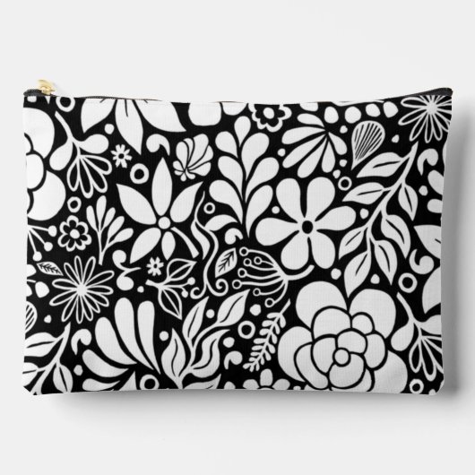 白はっきりした花&離れガーデンブラック アクセサリーポーチ (正面)