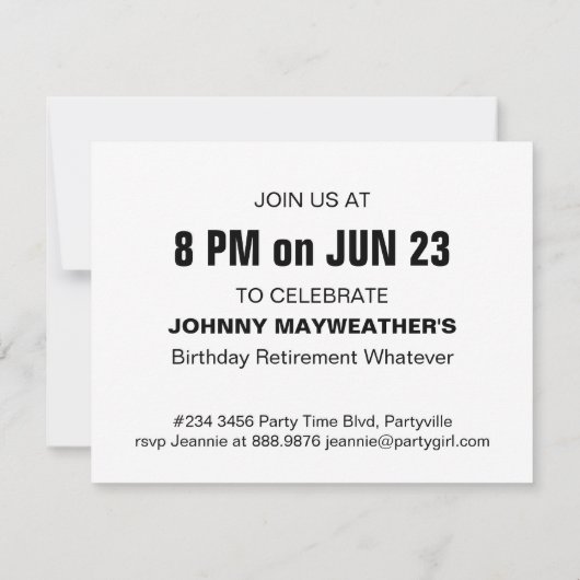 白はっきりした黒の任意の大事な行事パーティー 招待状 (裏面)