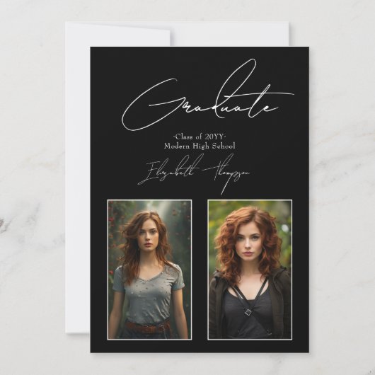 白はっきりした黒の卒業モダン写真 招待状 (正面)