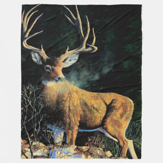 白はシカ、木びき台、雄鹿、大きい(雄ジカの)枝角または棚の後につきました フリースブランケット (正面)