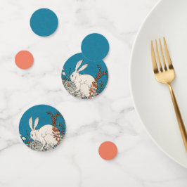 白ふわふわのラビットオレンジ色の花ブルー コンフェッティ