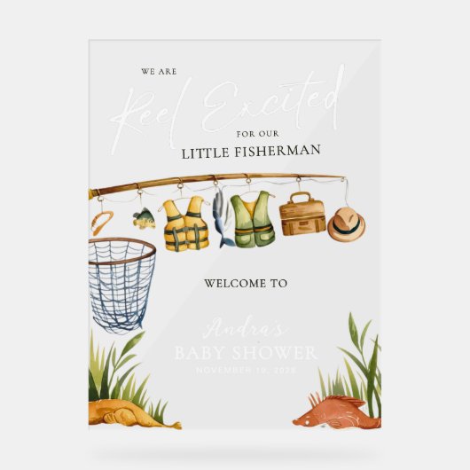 白ようこそ私たちのリール興奮した漁師ベビー アクリルサイン (正面)