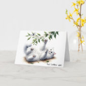 白よくはしゃぐ猫が元気 カード (黄色い花)