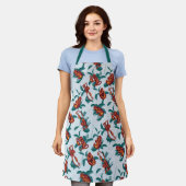 白よくはしゃぐ蓮の猿の模様 エプロン (着用した状態)