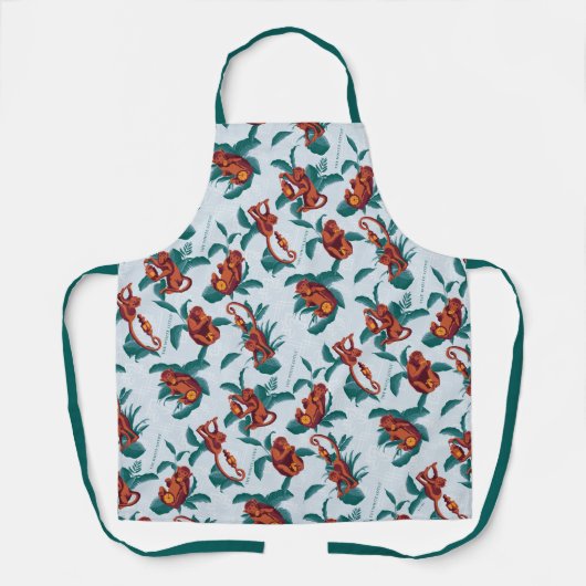 白よくはしゃぐ蓮の猿の模様 エプロン (正面)