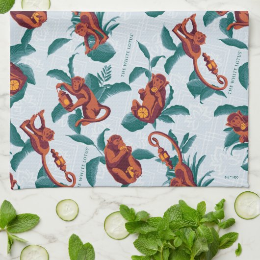 白よくはしゃぐ蓮の猿の模様 キッチンタオル (折り畳み)