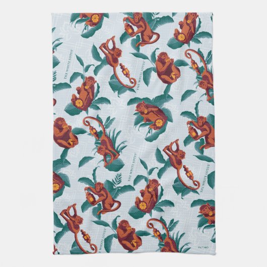 白よくはしゃぐ蓮の猿の模様 キッチンタオル (縦)