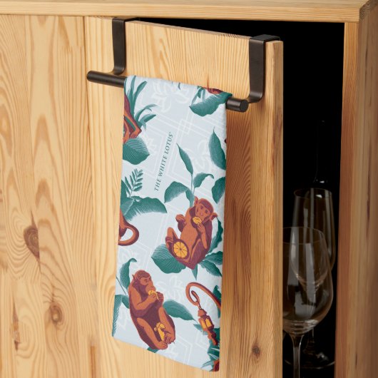 白よくはしゃぐ蓮の猿の模様 キッチンタオル (三つ折り)