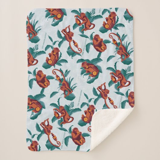 白よくはしゃぐ蓮の猿の模様 シェルパブランケット (正面)