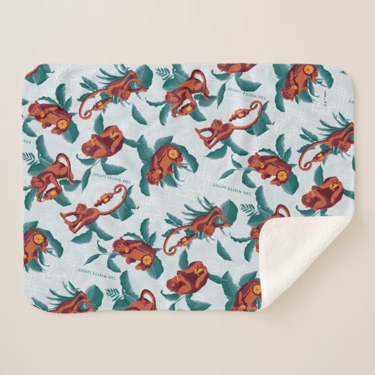 白よくはしゃぐ蓮の猿の模様 シェルパブランケット (正面(横))