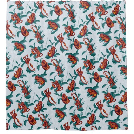 白よくはしゃぐ蓮の猿の模様 シャワーカーテン (正面)