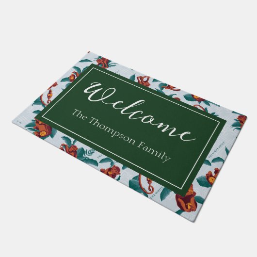 白よくはしゃぐ蓮の猿の模様 ドアマット (アングル)