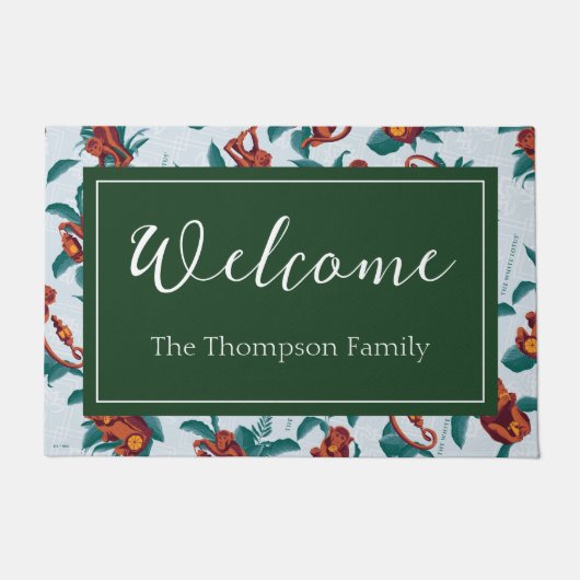 白よくはしゃぐ蓮の猿の模様 ドアマット (正面)