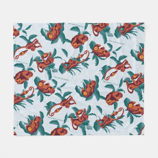 白よくはしゃぐ蓮の猿の模様 フリースブランケット (正面(横))