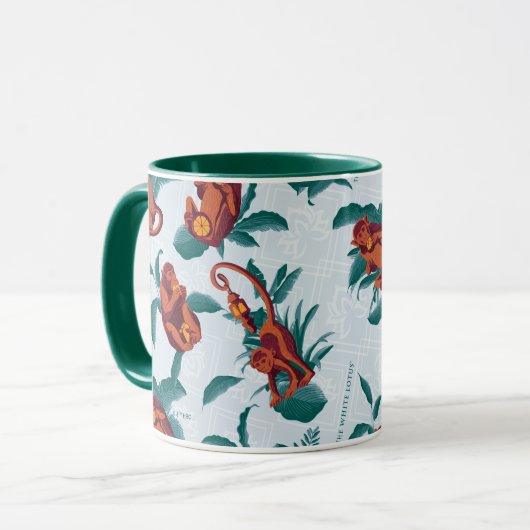 白よくはしゃぐ蓮の猿の模様 マグカップ (正面左)