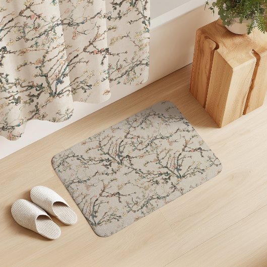 白を基調としたビンテージスタイルのゴッホの「アーモンドの花」 バスマット