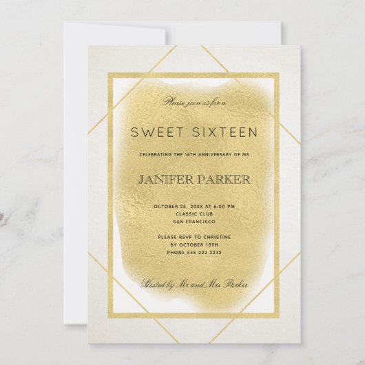 白アイボリーフェイク金ゴールド枠フォーマルsweet sixteen 招待状 (正面)