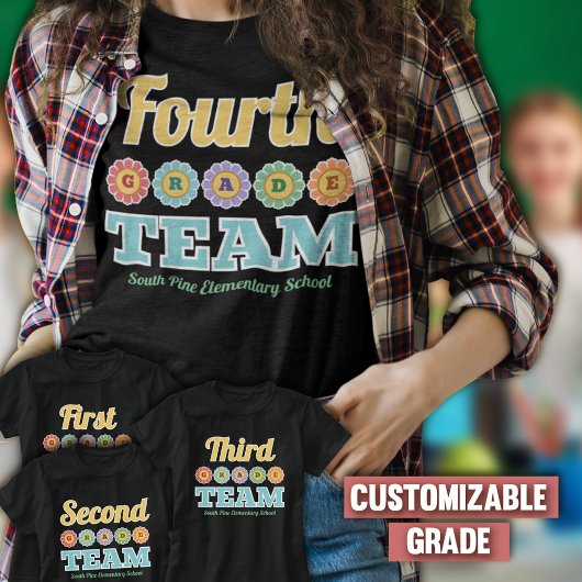 白アウトラインレトロ花4年生チームスクール Tシャツ