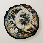 白アジアのドラゴンと花の丸い枕 ラウンドクッション (裏面)