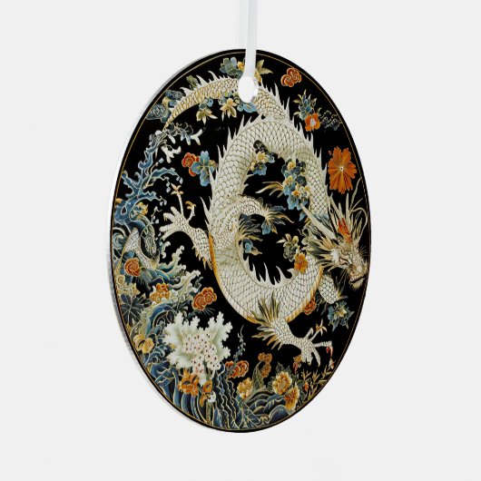 白アジアのドラゴンと花 メタルオーナメント (正面右)