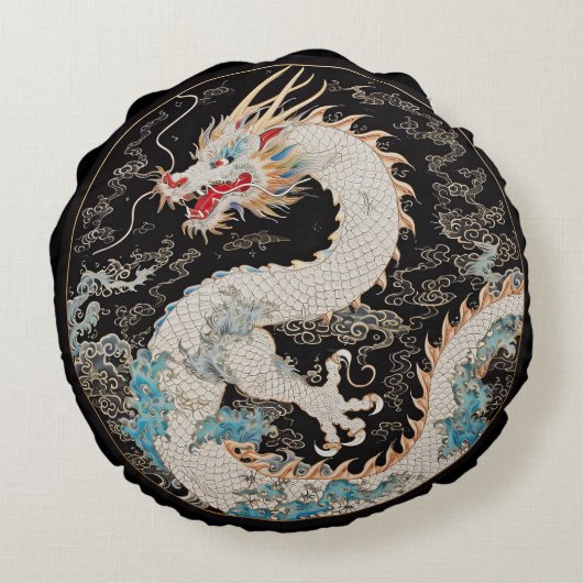 白アジアのドラゴンと雲まわりの枕 ラウンドクッション (裏面)